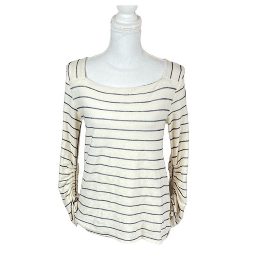 Anthro/Postmark White Gray Stripe Square Neck Top